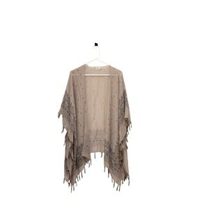 Beige Bandana Print Fringe Trim Kimono Fall Boho Chic